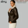 Side profile of womens shearling leather aviator jacket showing sleeve design and leather finish