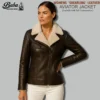 Womens leather shearling aviator jacket front view with zip closure and shearling collar in premium leather
