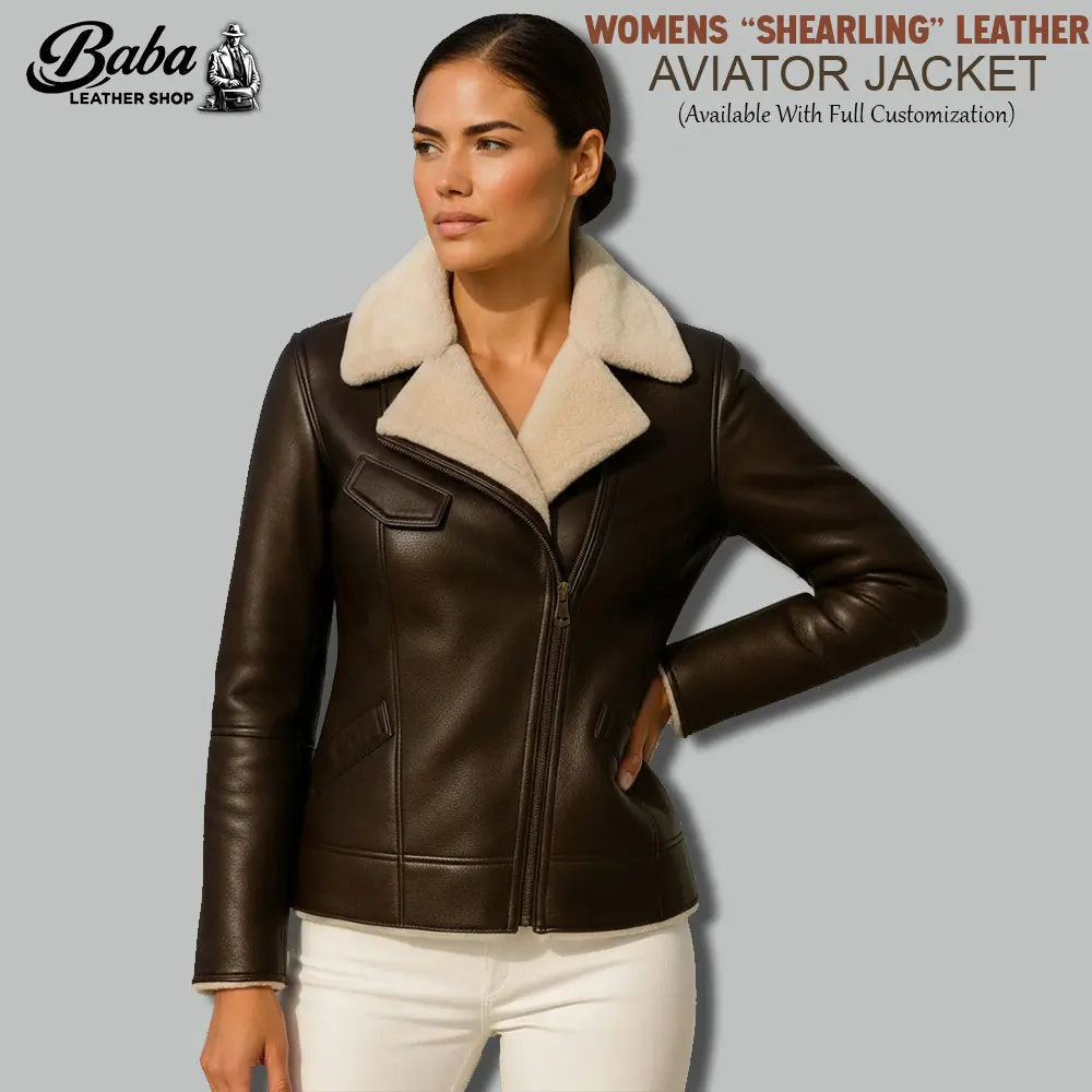 Womens leather shearling aviator jacket front view with zip closure and shearling collar in premium leather