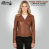 Front view of women's black leather jacket with zipper chest frog closure and side zip pockets