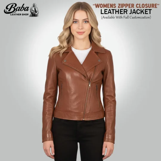 Front view of women's black leather jacket with zipper chest frog closure and side zip pockets