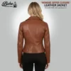 Back view of women's black leather jacket showing clean seam stitching and fitted silhouette