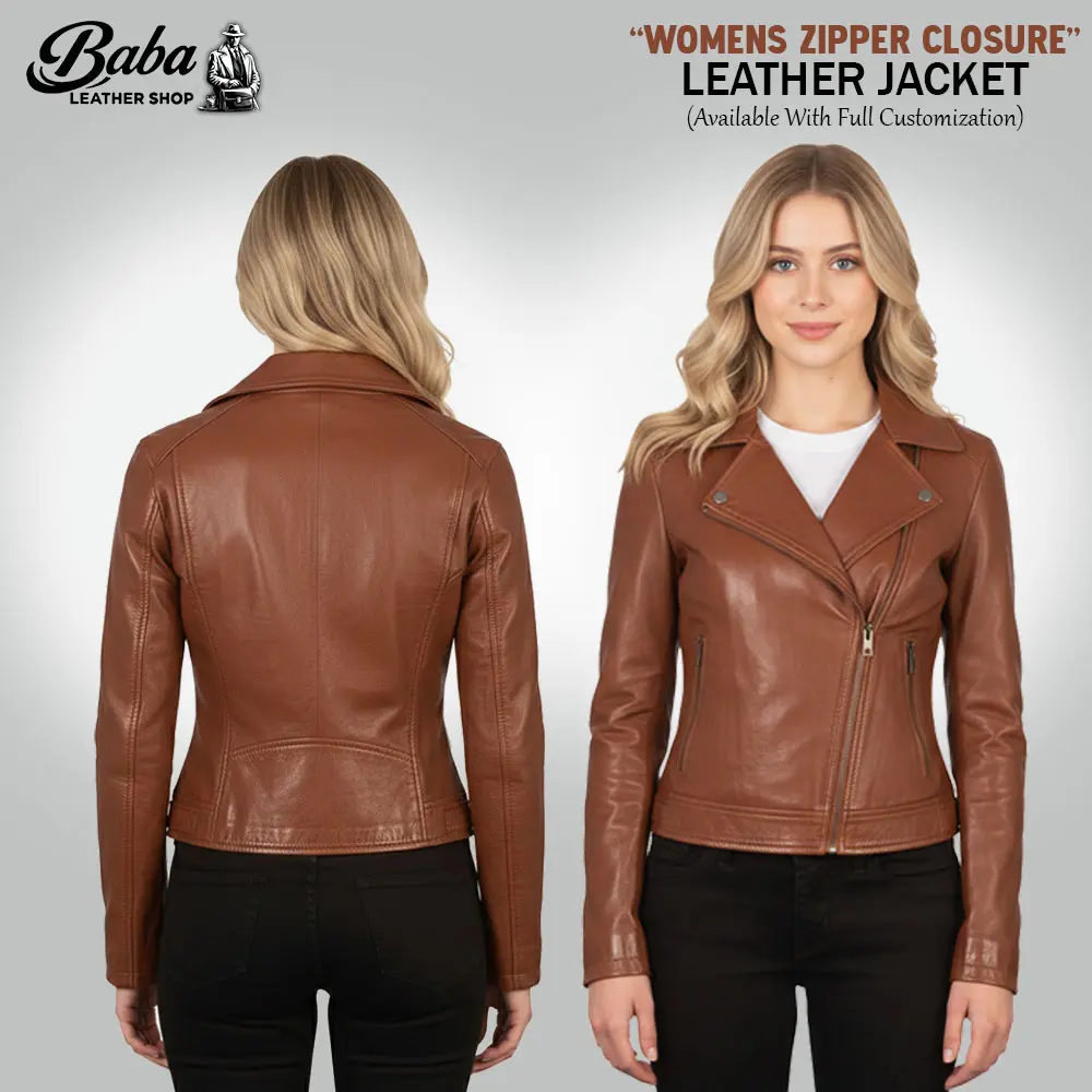 Women's black leather jacket with zipper chest closure and frog closure detail