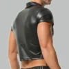 Back-left pose of side lace leather shirt showing fit and shape