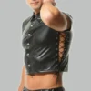 Left front angle of leather lace-up shirt showing lace closure