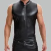 Men's leather tank top with front zipper in black, gym fit sleeveless shirt, front view