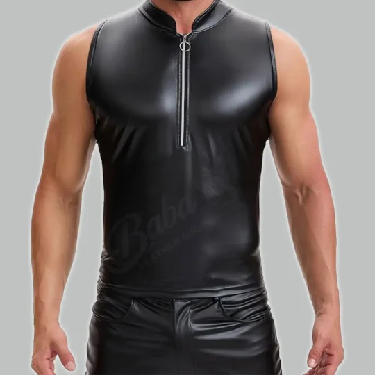 Men's leather tank top with front zipper in black, gym fit sleeveless shirt, front view