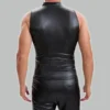Back view of men's leather tank top, sleeveless gym fit design showing clean leather finish and shoulder cut