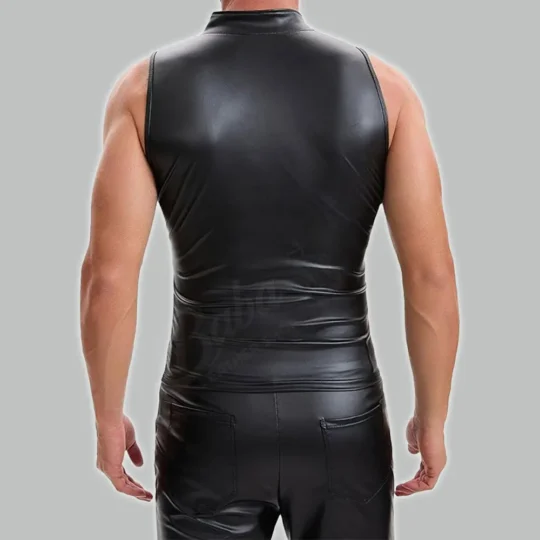 Back view of men's leather tank top, sleeveless gym fit design showing clean leather finish and shoulder cut
