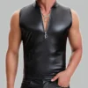 Man wearing leather tank top men's gym fit sleeveless shirt with zipper, styled casual pose
