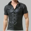 Leather button up shirt mens in smooth lambskin, front view with classic button placket