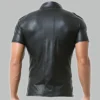 Men's leather button-up shirt back view showing clean seam stitching and tailored fit