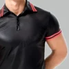 Close-up of mens leather polo shirt showing fine stitching, leather texture, and craftsmanship detail