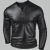 Men's stylish leather long sleeve shirt in a classic front view