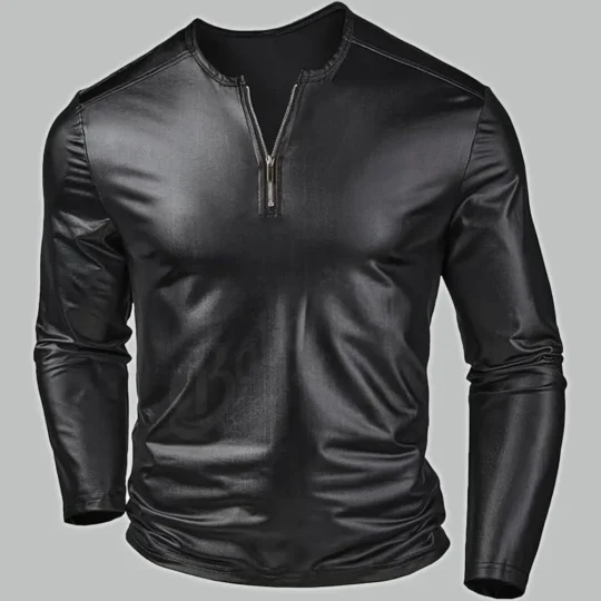 Men's stylish leather long sleeve shirt in a classic front view