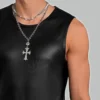 Close-up left-side view of men's grey leather sleeveless shirt highlighting premium stitching detail, leather texture, and fitted side cut