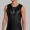Men's premium leather sleeveless shirt in grey, front view, crafted from full-grain leather with a clean collar and tailored fit