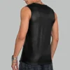 Back view of men's sleeveless leather shirt showing smooth leather finish, stitched seams, and structured back panel