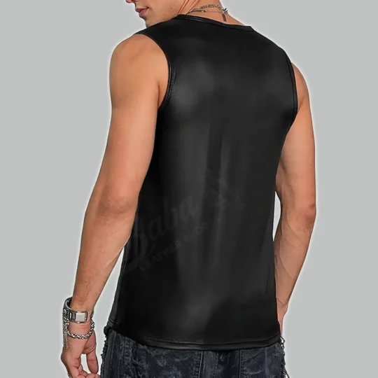 Back view of men's sleeveless leather shirt showing smooth leather finish, stitched seams, and structured back panel