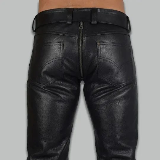 Back view of slim fit genuine leather pants for women, clean finish
