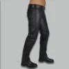 Left side view of black leather pants with zipper, women's slim fit