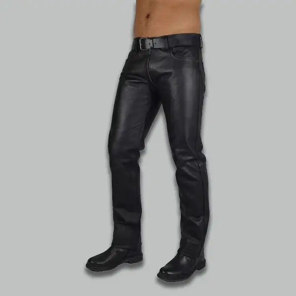 center full zip leather pants, slim fit, front view