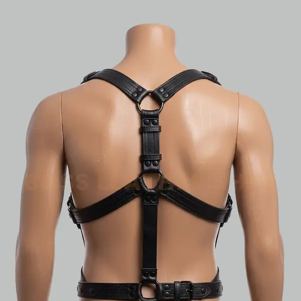 Full leather body harness back view with Y-strap, two D-rings, vertical connector, and metal roller buckles at waist