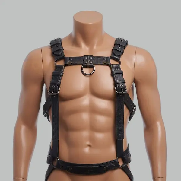 Full leather body harness front view with dual shoulder straps, bronze O-ring at chest, rivet panel, and adjustable waist buckles