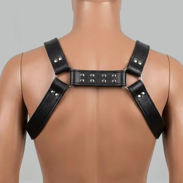 Rear view of a leather chest harness for men showing cross-back strap construction and adjustable metal fasteners
