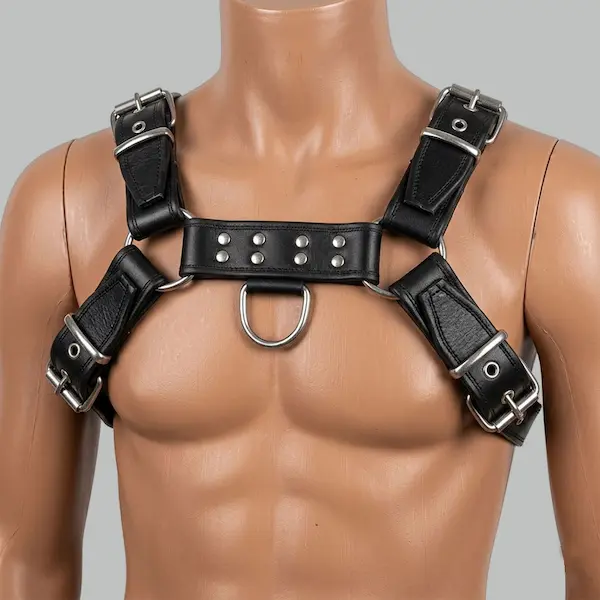 Men's genuine leather chest harness displayed from the front, showing adjustable shoulder straps and polished metal buckles