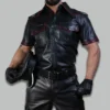 Leather police shirt front view with short sleeves and red piping detail