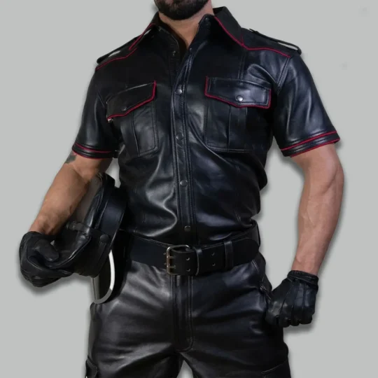 Leather police shirt front view with short sleeves and red piping detail