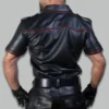 Back view of leather police shirt showing smooth leather finish and tailored fit