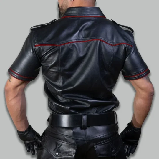 Back view of leather police shirt showing smooth leather finish and tailored fit