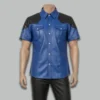 Men's blue quilted leather police uniform shirt – front view showing chest pockets, epaulets, and snap-button closure