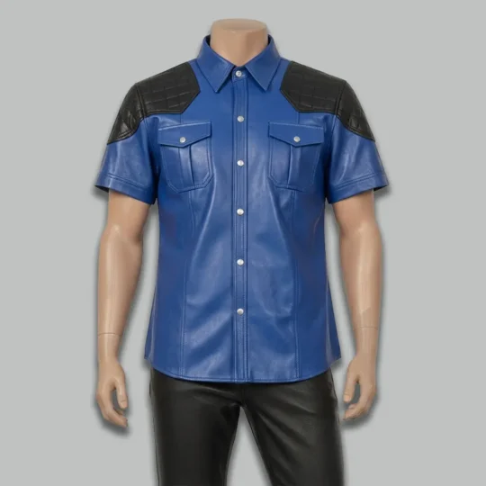 Men's blue quilted leather police uniform shirt – front view showing chest pockets, epaulets, and snap-button closure