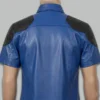 Back view of men's blue quilted half sleeve leather shirt showing quilted panels, clean stitching, and tailored fit