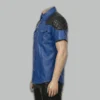 Man wearing blue quilted police leather shirt – left side lifestyle photo showing fit, sleeve length, and side profile
