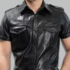 Men's black leather uniform shirt with police-style chest pockets, epaulette shoulder straps, and snap-button front closure
