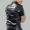 Rear view of a men's genuine leather uniform shirt showing clean back panel construction, double-stitched seams, and structured shoulder line