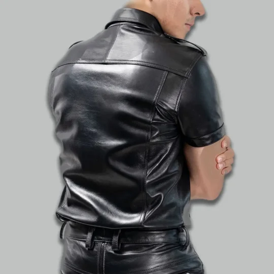 Rear view of a men's genuine leather uniform shirt showing clean back panel construction, double-stitched seams, and structured shoulder line
