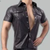 Mens Black leather shirt front view showing fitted leather shirt with sleek tailored design and modern black finish