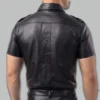 Mens Black leather shirt back view showing fitted leather shirt stitching, clean structure, and tailored rear design