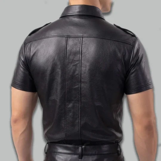 Mens Black leather shirt back view showing fitted leather shirt stitching, clean structure, and tailored rear design