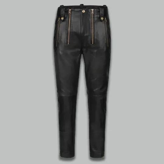 black leather pants with zippers, slim fit front view