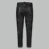 Black leather pants with zippers back view showing slim fit cut and rear pocket detail