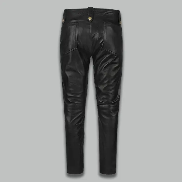 Black leather pants with zippers back view showing slim fit cut and rear pocket detail