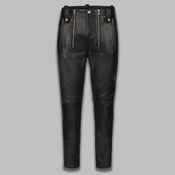 black leather pants with zippers, slim fit front view
