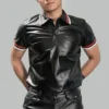 Mens leather polo shirt in black lambskin with polo collar and fitted front button placket