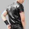 Back view of a fitted mens leather polo shirt showing smooth lambskin finish and tailored shoulder seams